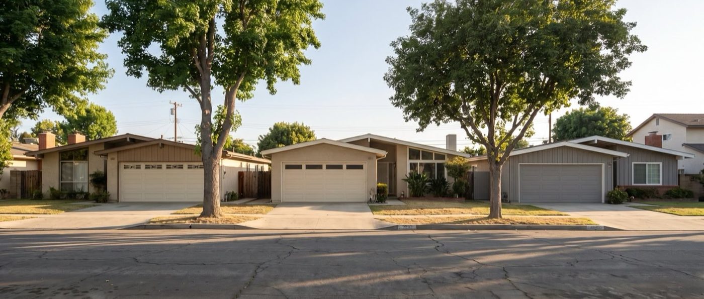 A Los Angeles street of single-story houses with their original plain garage doors, late afternoon.
